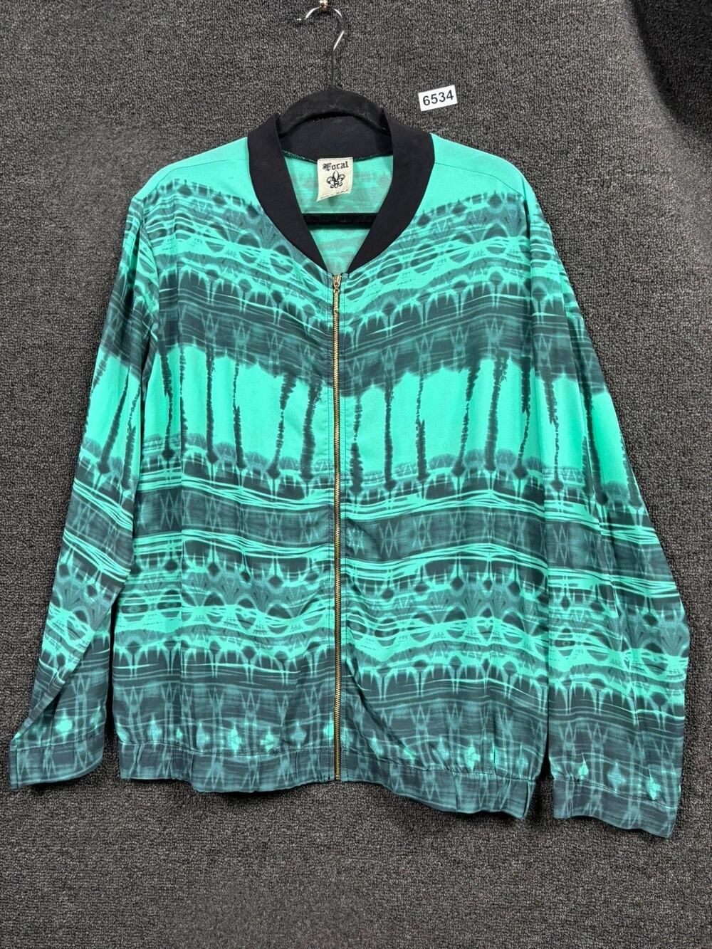 Be Vocal Jacket Womens XL Green Black Zip Front Bomber Made USA Abstract Print